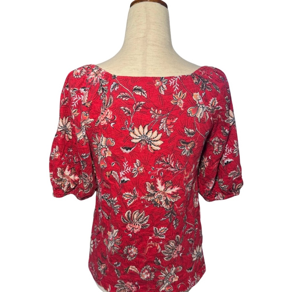 Bohemian Puff Sleeves Red Floral Cotton Blouse Sz XS - Picture 5 of 7